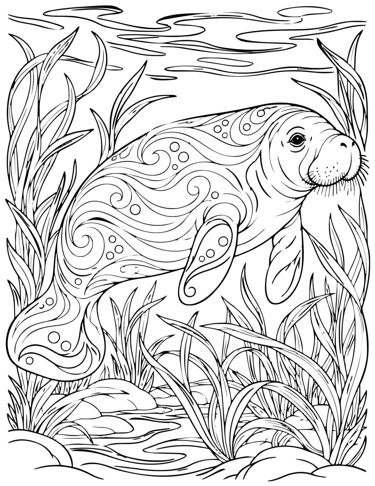 Florida manatee coloring page from Beneath the Palms, shown as black outlines