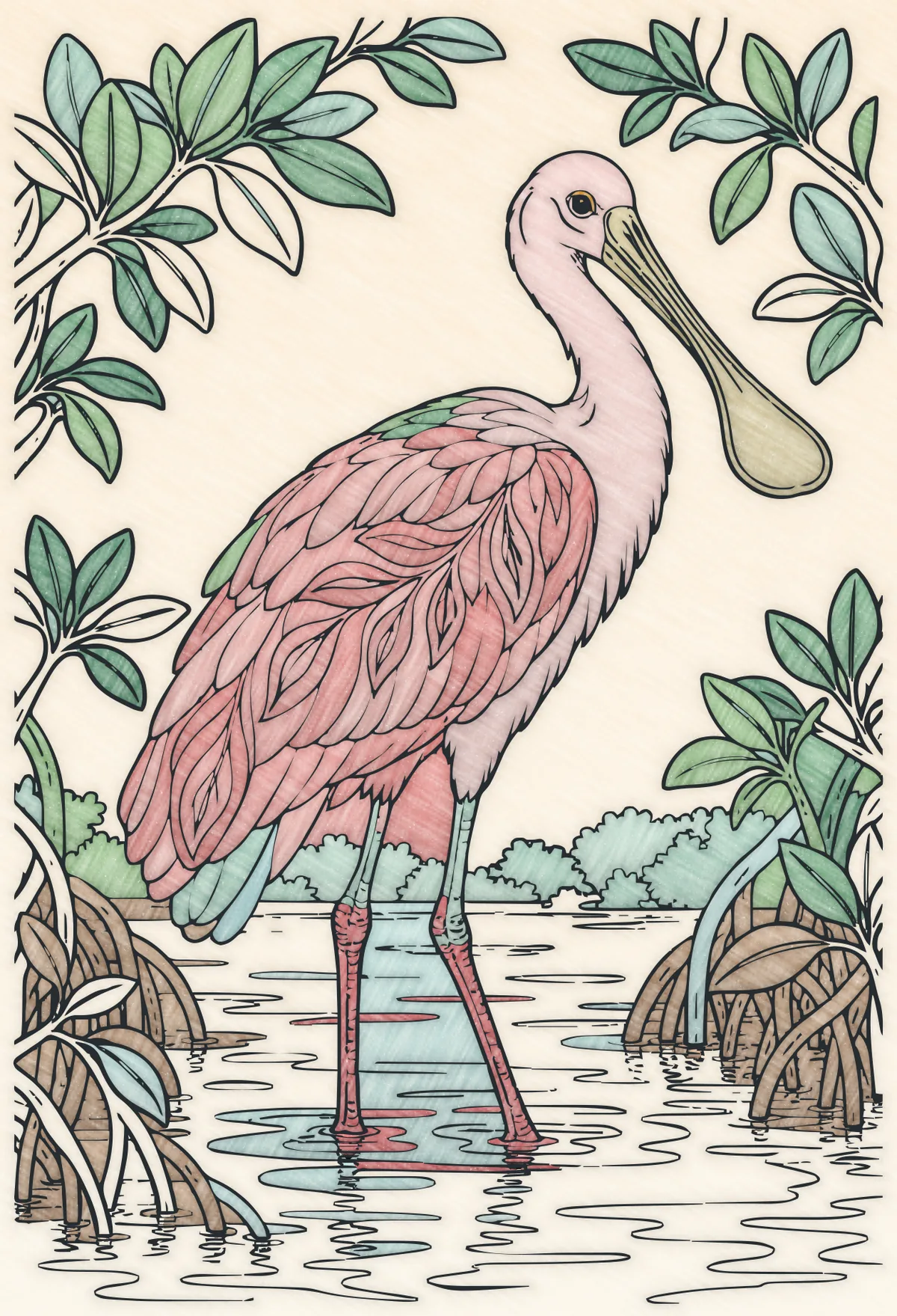 The same Roseate spoonbill page with digital colored-pencil shading added