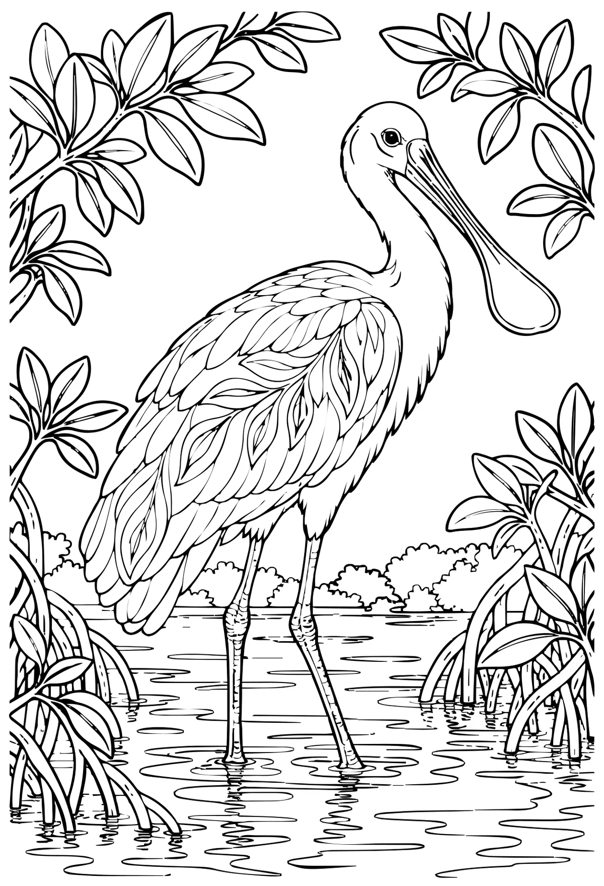 Roseate spoonbill coloring page as printed: black outlines