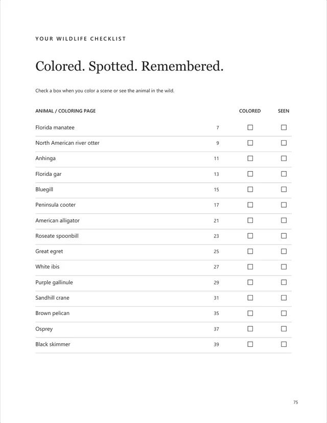 Interior page: Wildlife checklist: colored and seen