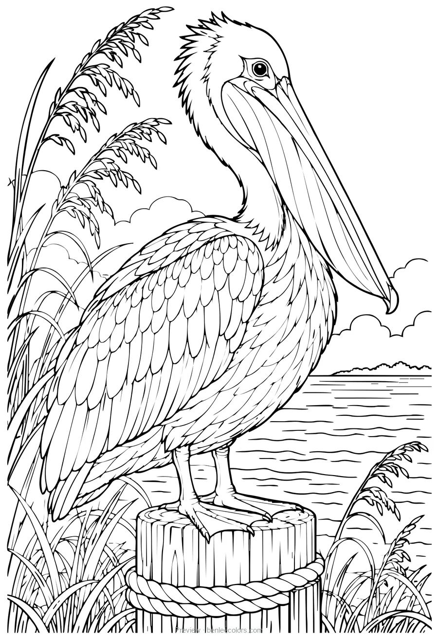 Brown pelican coloring page (Pelecanus occidentalis), black line art