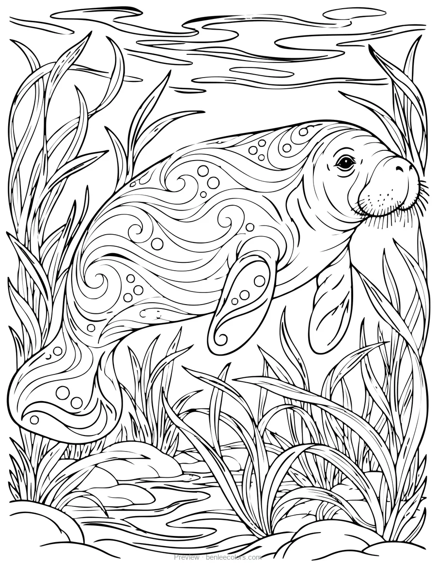Florida manatee coloring page (Trichechus manatus latirostris), black line art